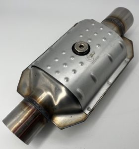 Stainless steel car catalytic converter on white background.