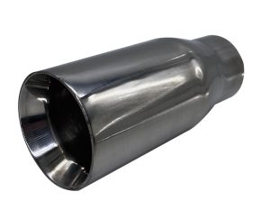 Shiny stainless steel car exhaust pipe on white background.
