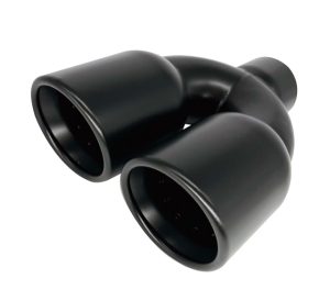 Black dual exhaust pipe tips on white background.