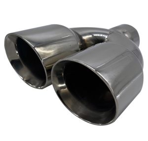 Dual stainless steel car exhaust tips.